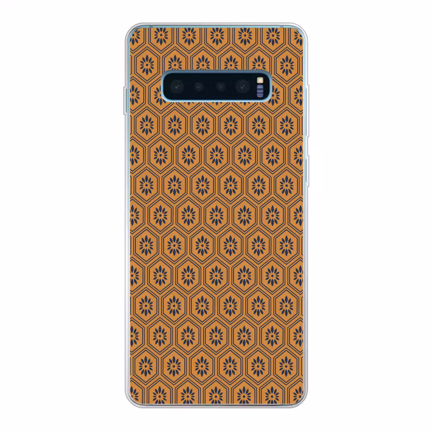 Okergeel - Patroon - Bloem - Donkerblauw Telefoonhoesje Samsung Galaxy S10 Lite klein 364 -3d