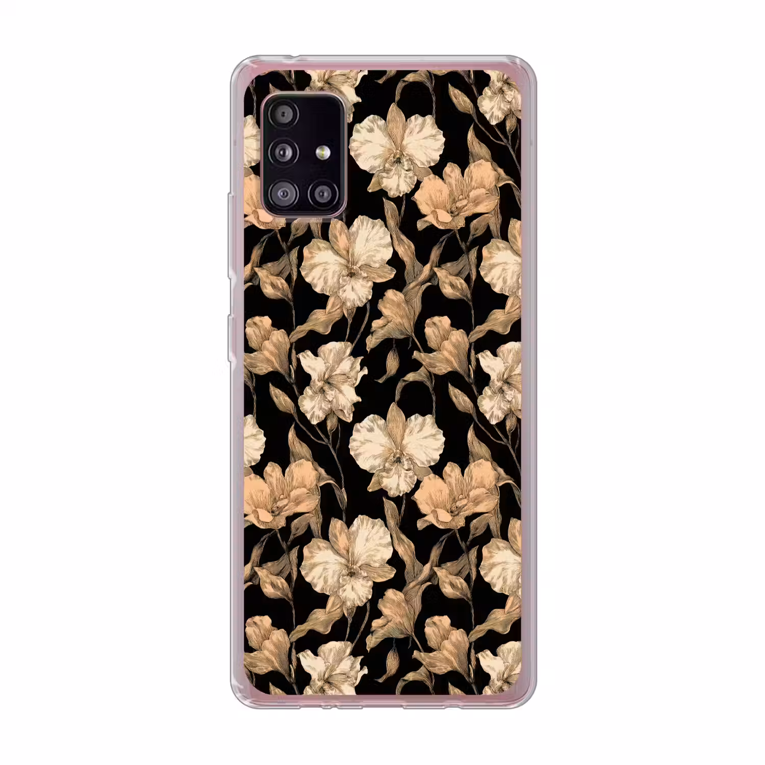 Orchideeën - Lijntekening - Patroon - Beige - Zwart Telefoonhoesje Samsung Galaxy A51 5G klein 373 -3d