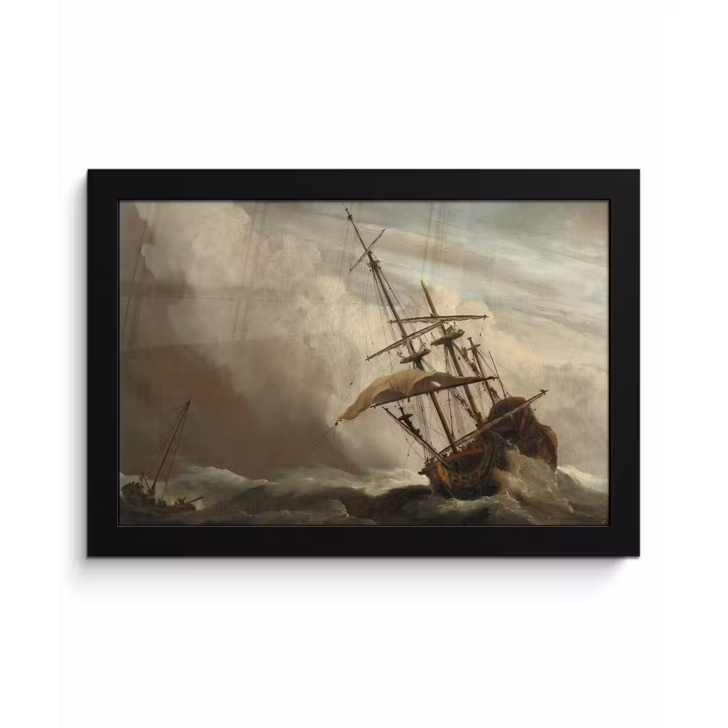 Een schip in volle zee bij vliegende storm - Schilderij van Willem van de Velde fotolijst zwart zonder passe partout klein -3d