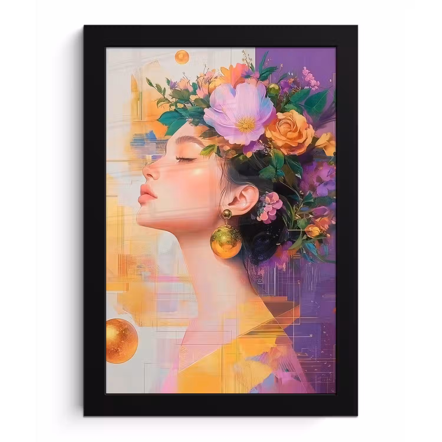 Abstract - Vrouw - Bloemenkroon - Goud fotolijst zwart zonder passe partout klein -3d
