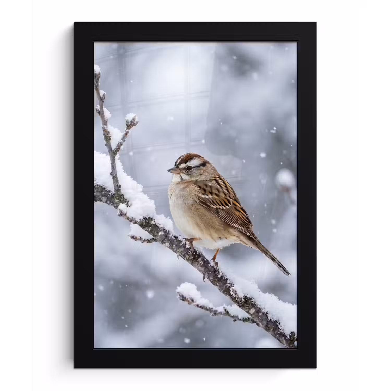Vogel - Tak - Sneeuw - Winter fotolijst zwart zonder passe partout klein -3d