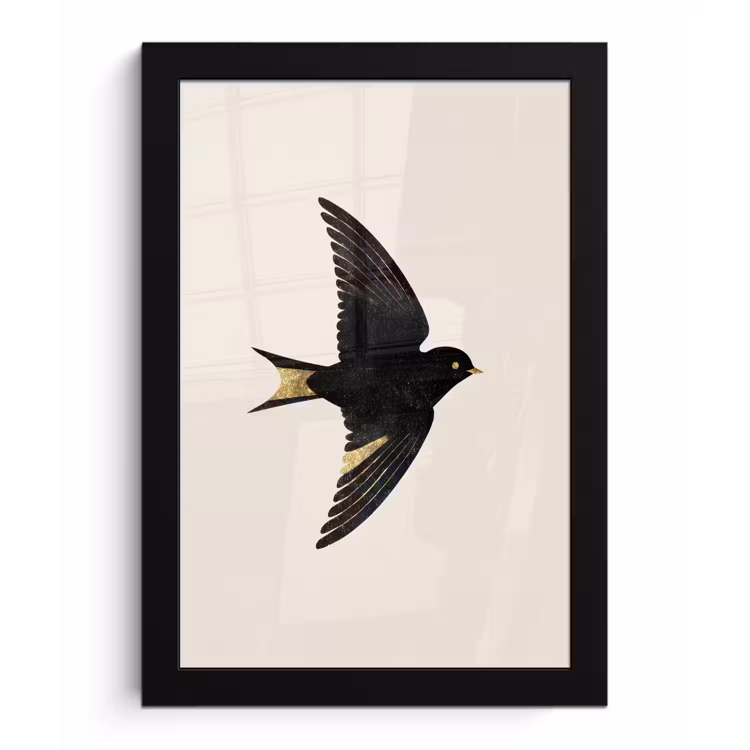 Zwarte zwaluw - Gouden accenten - Lichte achtergrond fotolijst zwart zonder passe partout klein -3d
