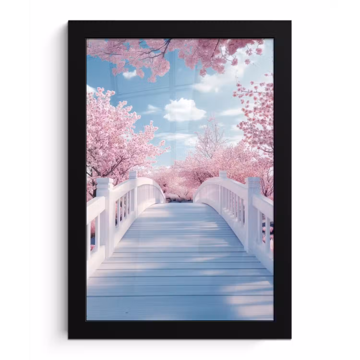 Brug - Kersenbomen - Wit fotolijst zwart zonder passe partout klein -3d