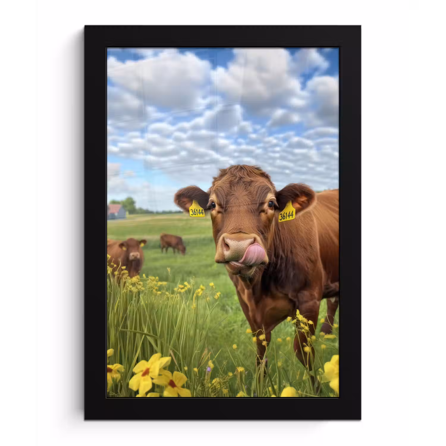 Koe - Weide - Bloemen fotolijst zwart zonder passe partout klein -3d