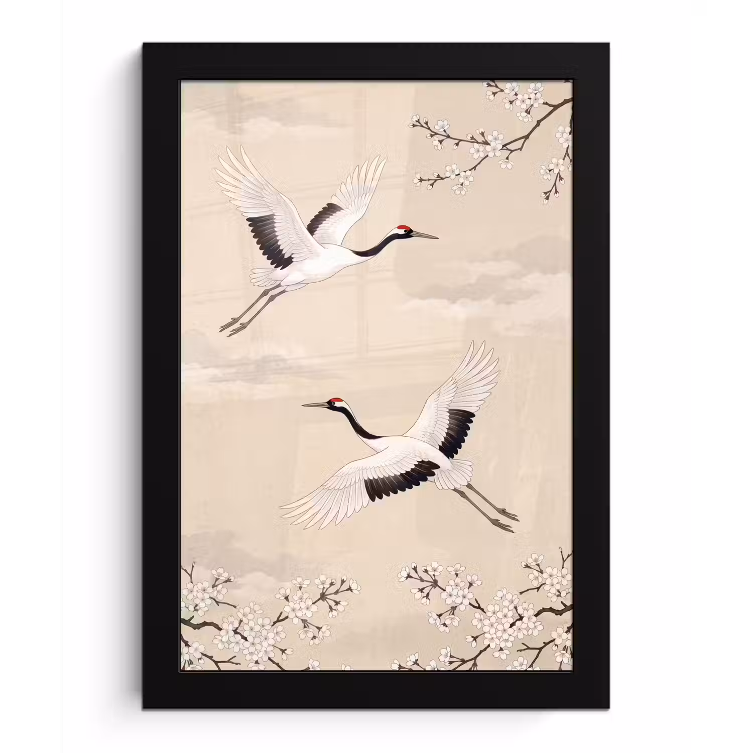 Kraanvogels - Bloesem - Beige fotolijst zwart zonder passe partout klein -3d