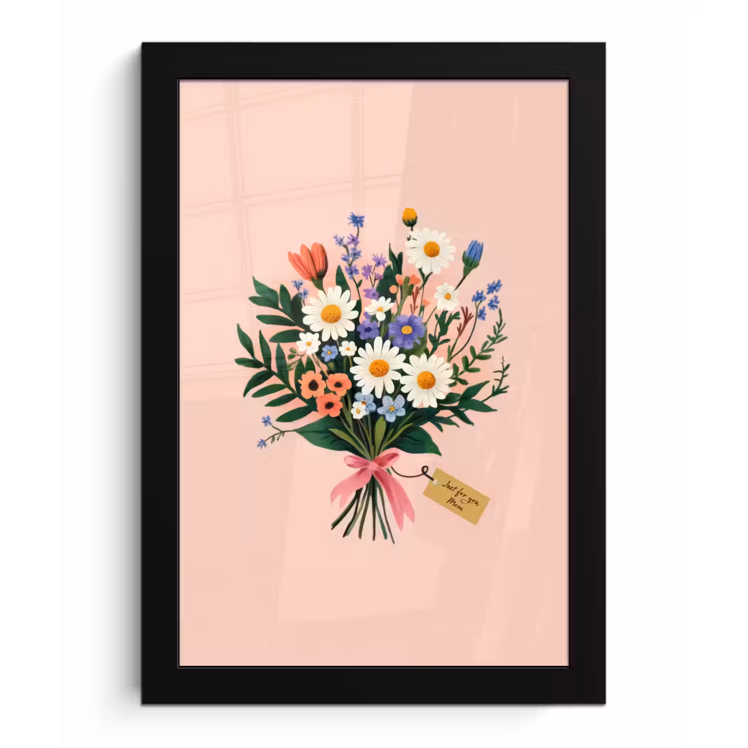 Margrieten - Boeket - Strikje - Roze fotolijst zwart zonder passe partout klein -3d