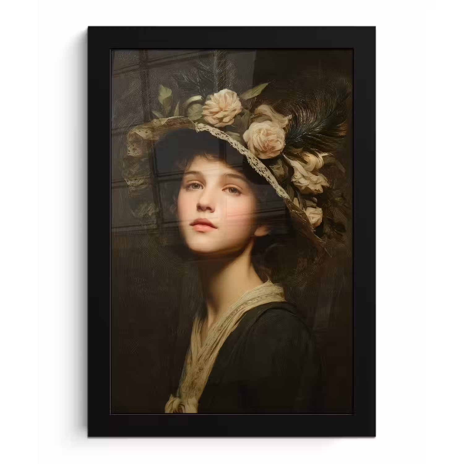 Bloemenhoed - Portret - Vrouw fotolijst zwart zonder passe partout klein -3d