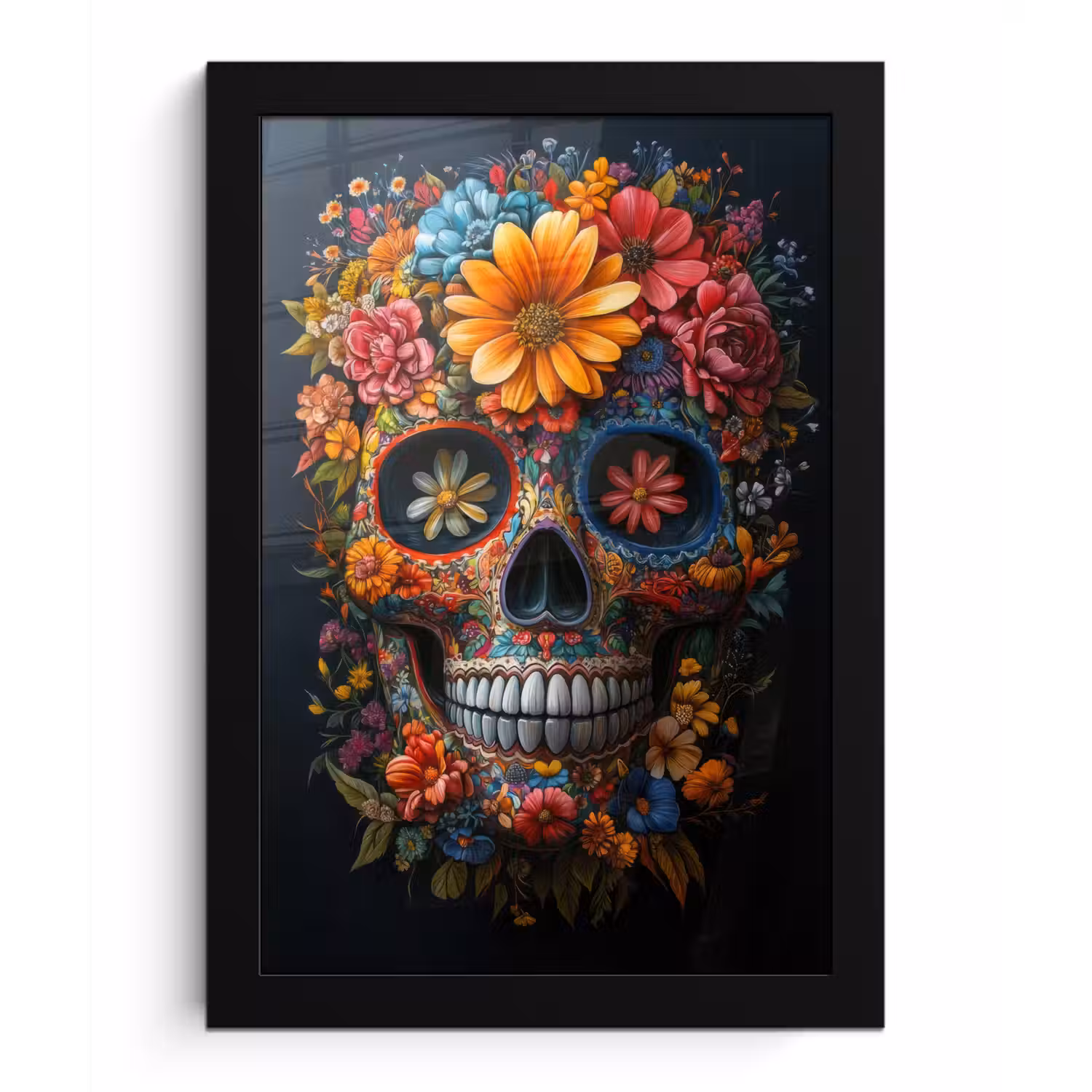 Bloemen - Kleurrijk - Schedel fotolijst zwart zonder passe partout klein -3d