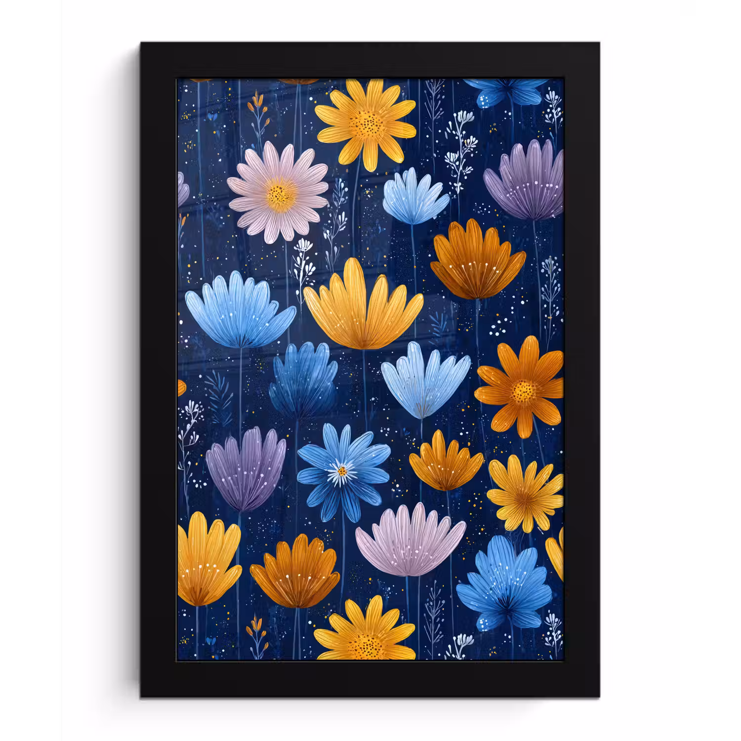 Bloemen - Patroon - Blauw - Contrast fotolijst zwart zonder passe partout klein -3d