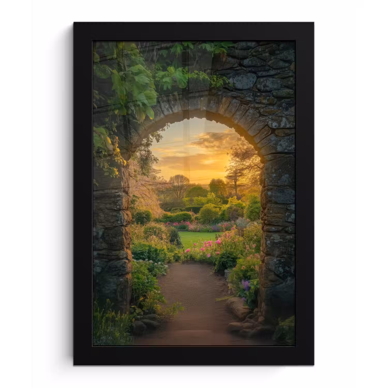 Poort - Planten - Zonsondergang fotolijst zwart zonder passe partout klein -3d