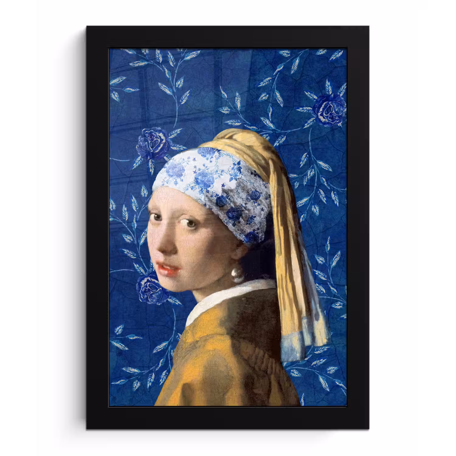 Meisje met de parel - Delfts blauw - Vermeer - Bloemen - Schilderij - Oude meesters fotolijst zwart zonder passe partout klein -3d