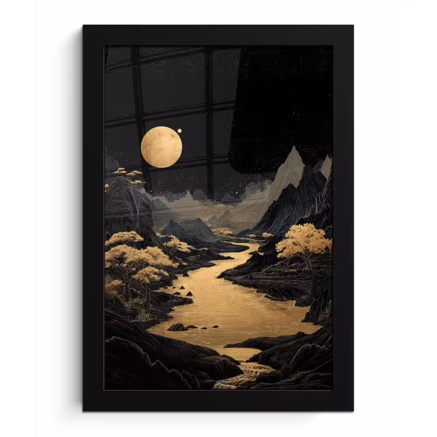 Gouden rivier - Bergen - Maan - Sterrenhemel fotolijst zwart zonder passe partout klein -3d