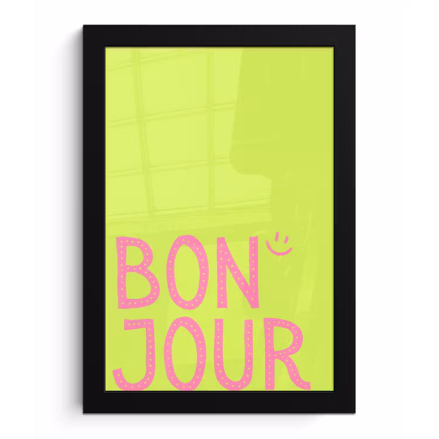 Groen - Smiley - Bonjour - Roze fotolijst zwart zonder passe partout klein -3d
