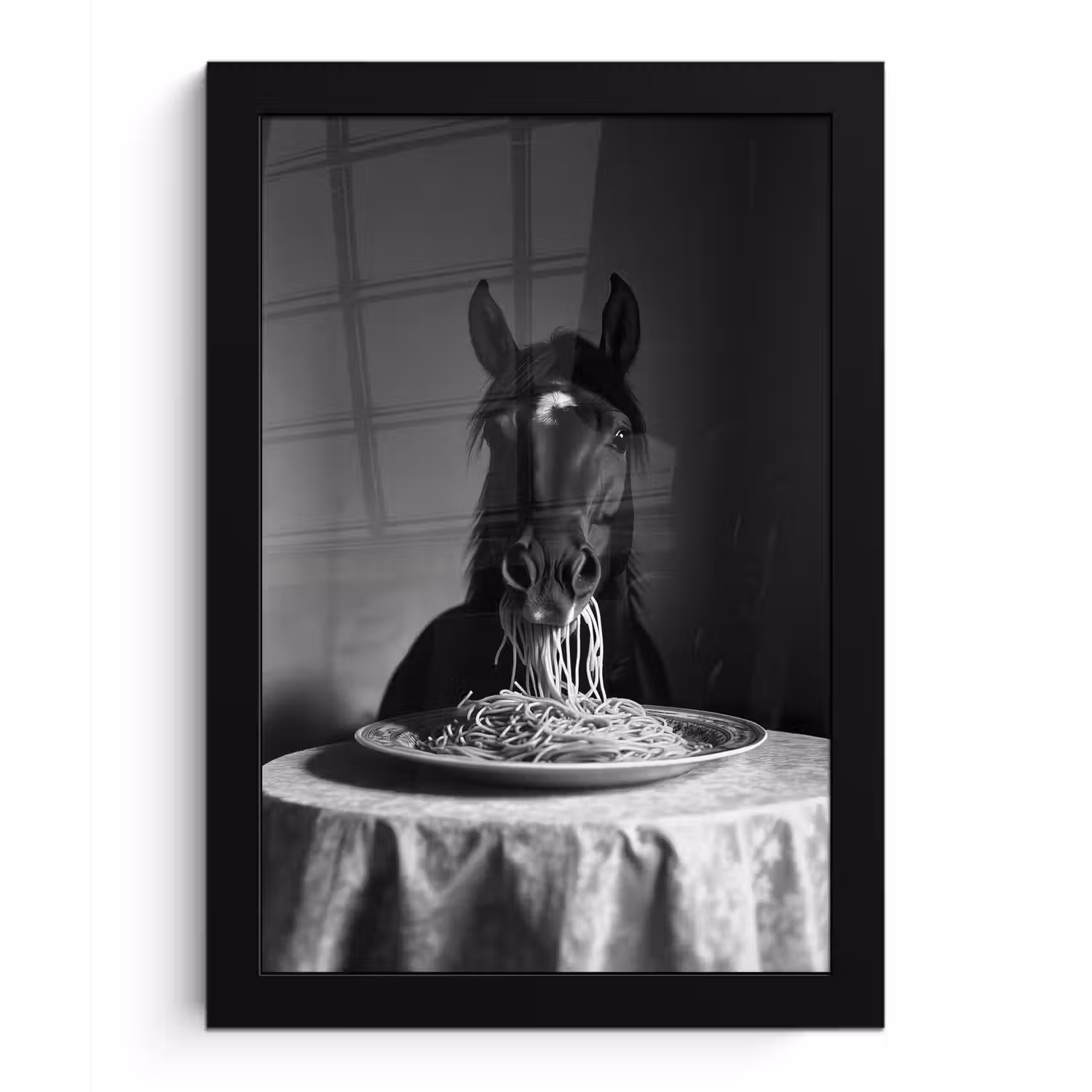 Paard - Bord - Pasta - Tafelkleed - Zwart Wit - Dieren fotolijst zwart zonder passe partout klein -3d