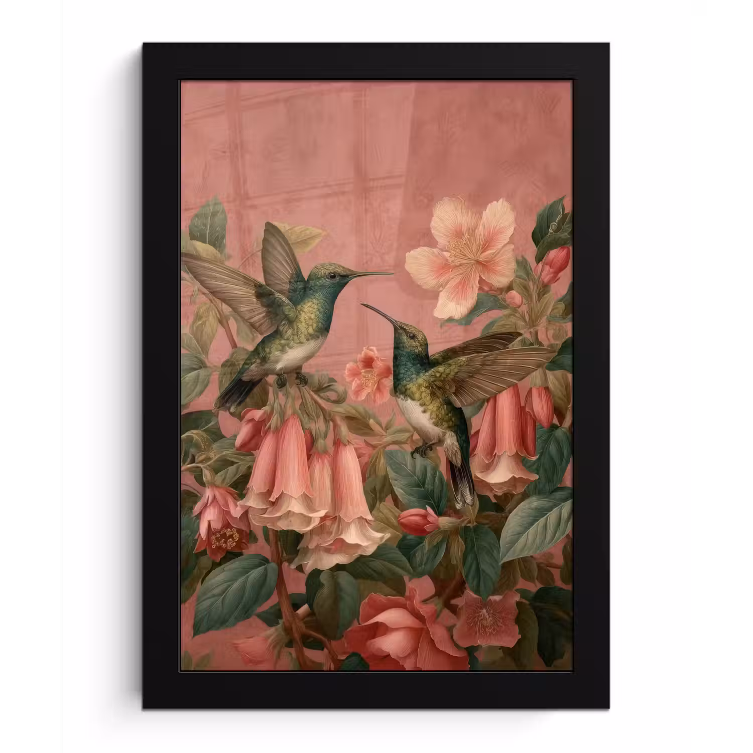 Kolibries - Bloemen - Groen - Roze fotolijst zwart zonder passe partout klein -3d