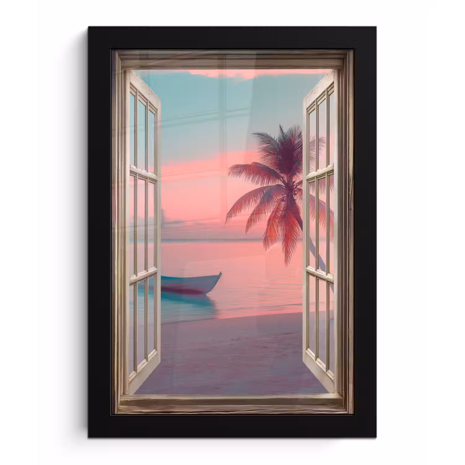 Doorkijk - Strand - Palmboom - Tropisch fotolijst zwart zonder passe partout klein -3d