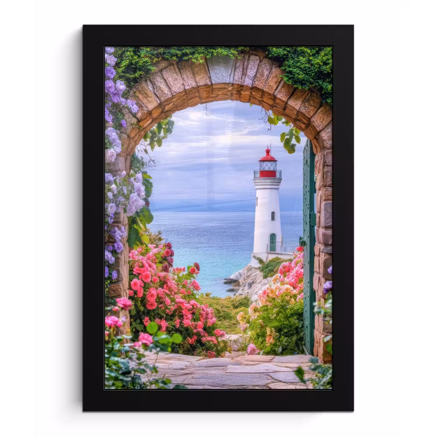 Doorkijk - Vuurtoren - Bloemen - Uitzicht fotolijst zwart zonder passe partout klein -3d