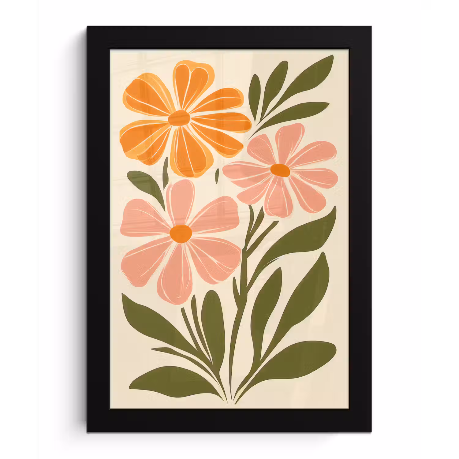 Minimalistisch - Bloemen - Bladeren - Roze fotolijst zwart zonder passe partout klein -3d