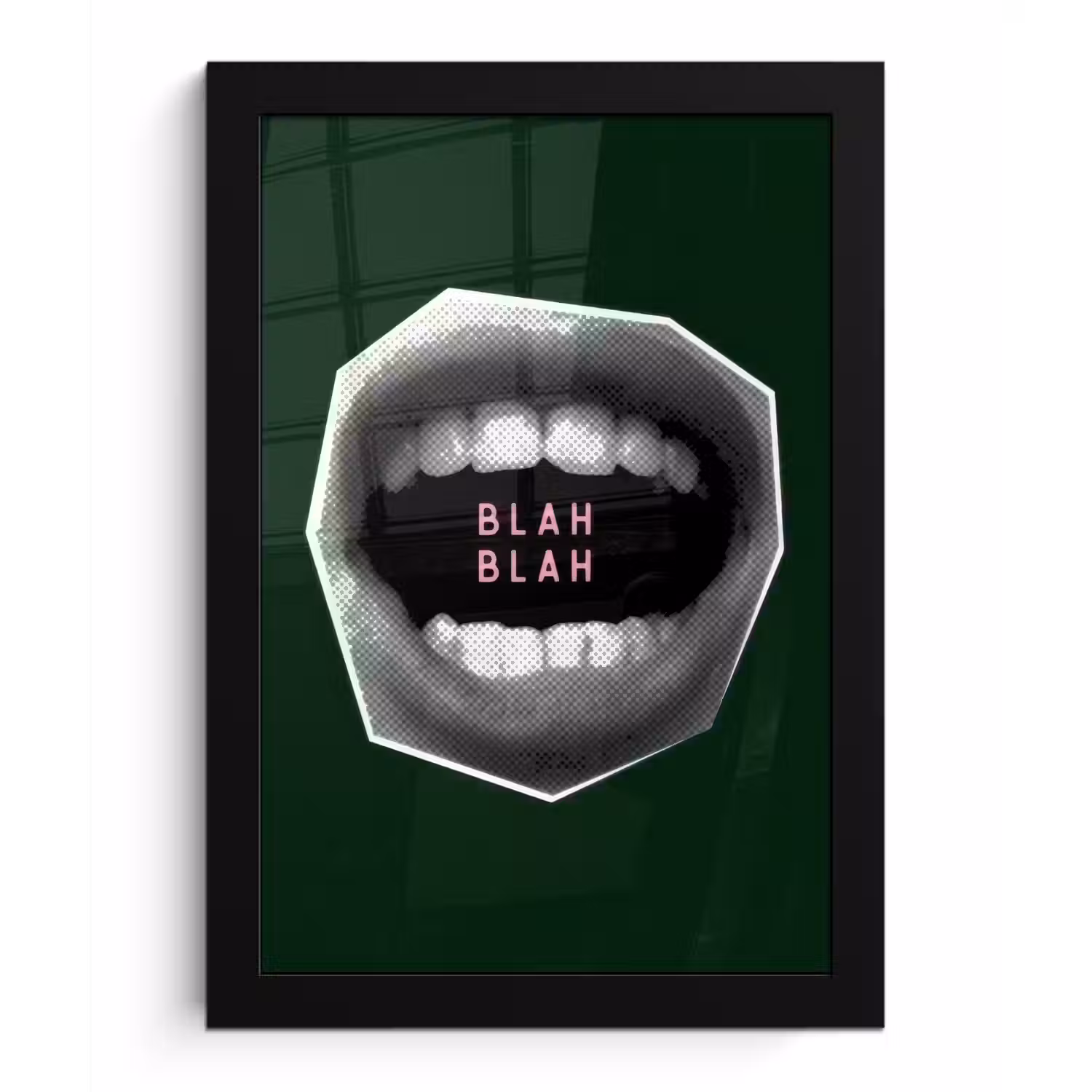 Mond - Groen - Illustratie - BLAH BLAH fotolijst zwart zonder passe partout klein -3d
