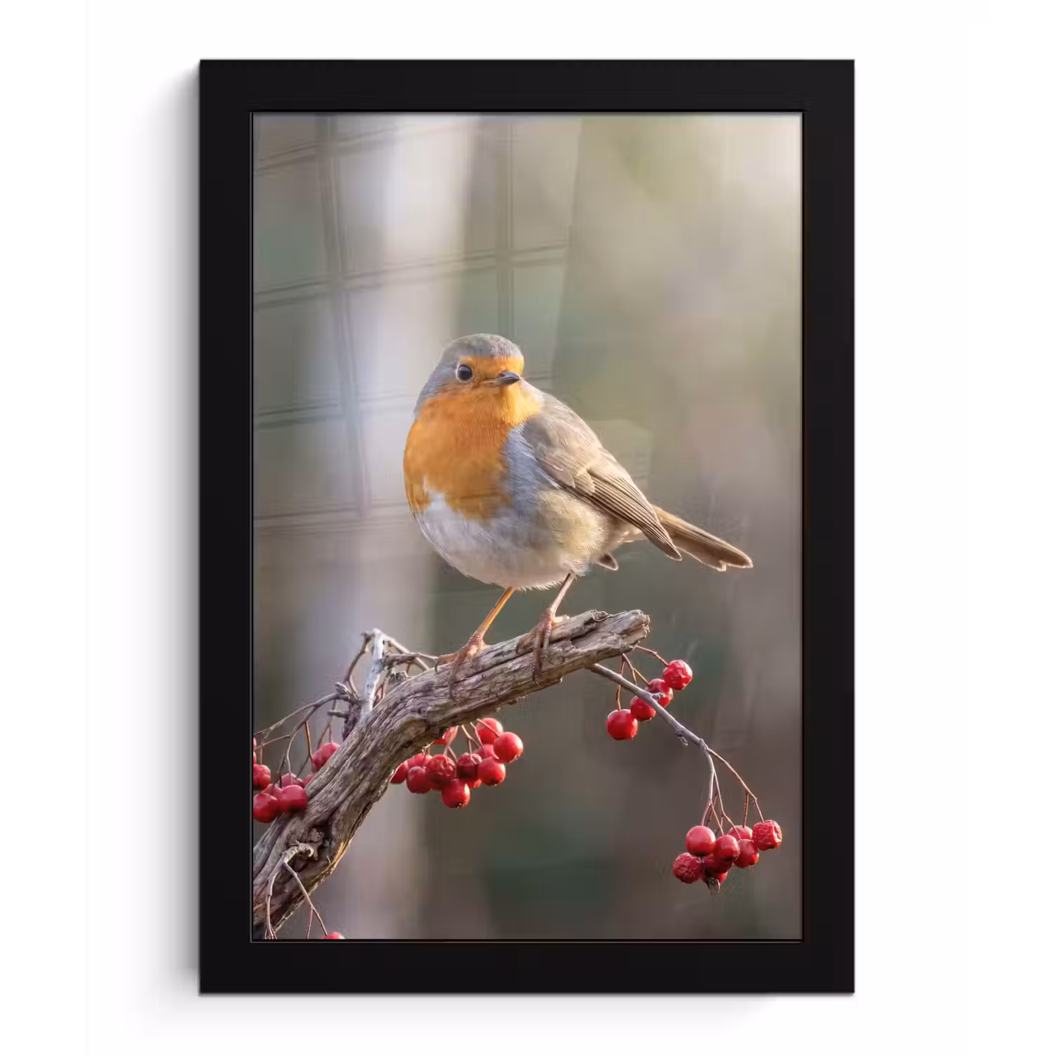 Roodborst - Tak - Bessen - Natuur fotolijst zwart zonder passe partout klein -3d