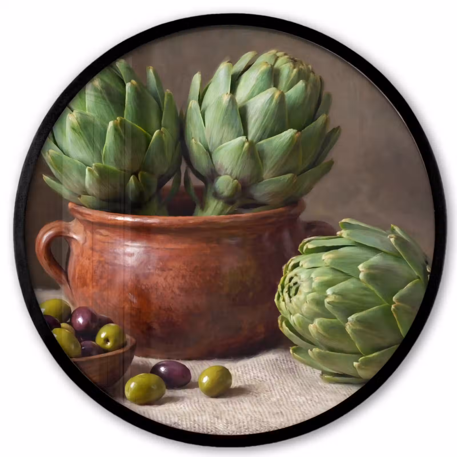 Photo Frame Round - Artichokes - Olives - Food - Artisjokken - Olijven - Eten Fotolijst rond zonder passe partout klein