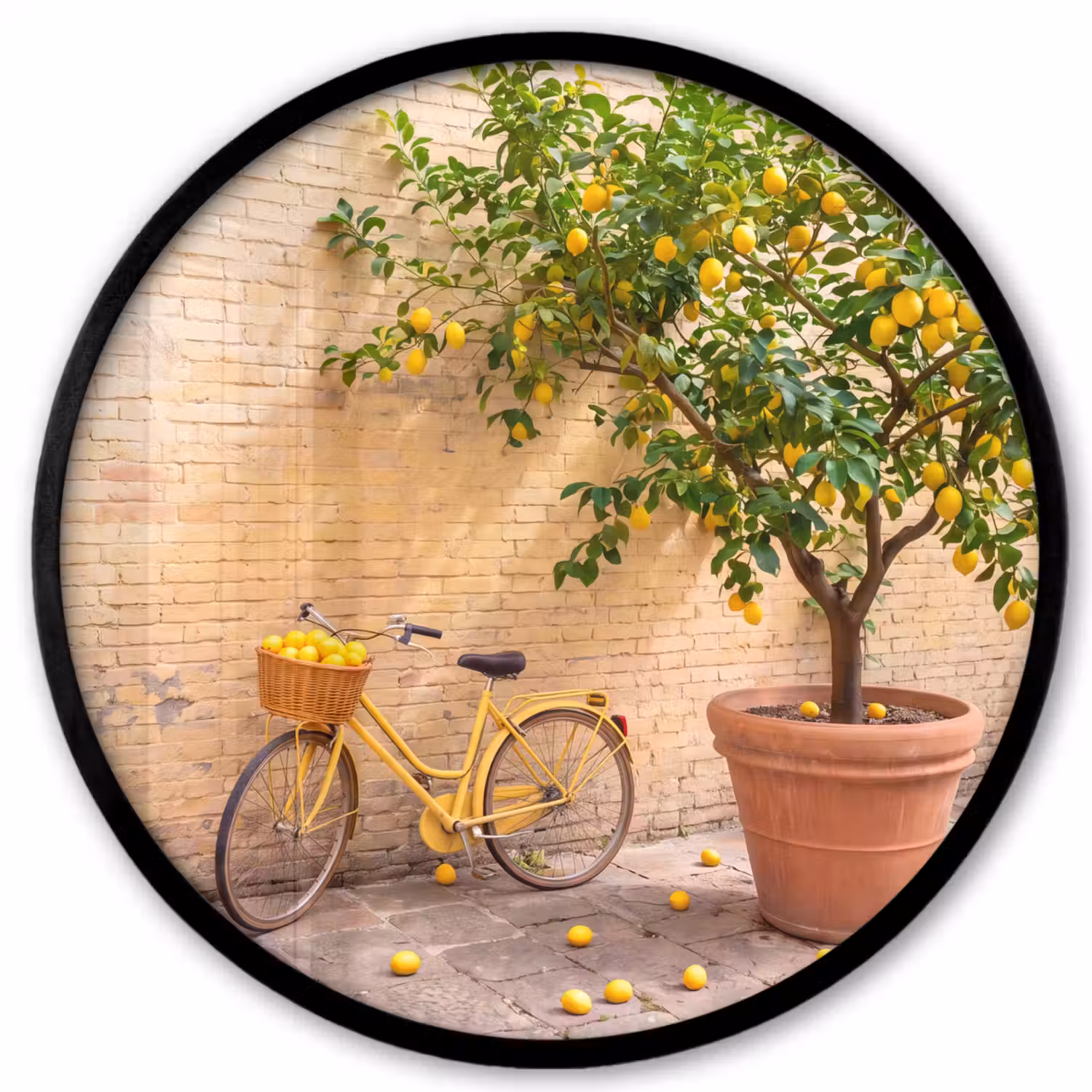 Fiets - Mand - Eten - Geel - Zomer Fotolijst rond zonder passe partout klein -3d