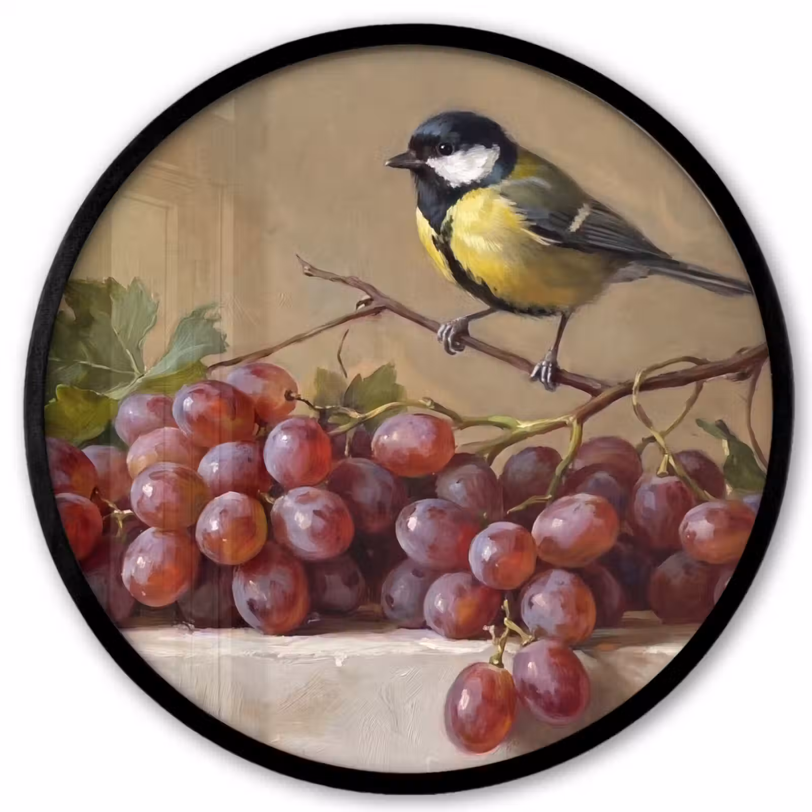 Photo Frame Round - Bird - Grapes - Still Life - Vogel - Druiven - Stilleven Fotolijst rond zonder passe partout klein