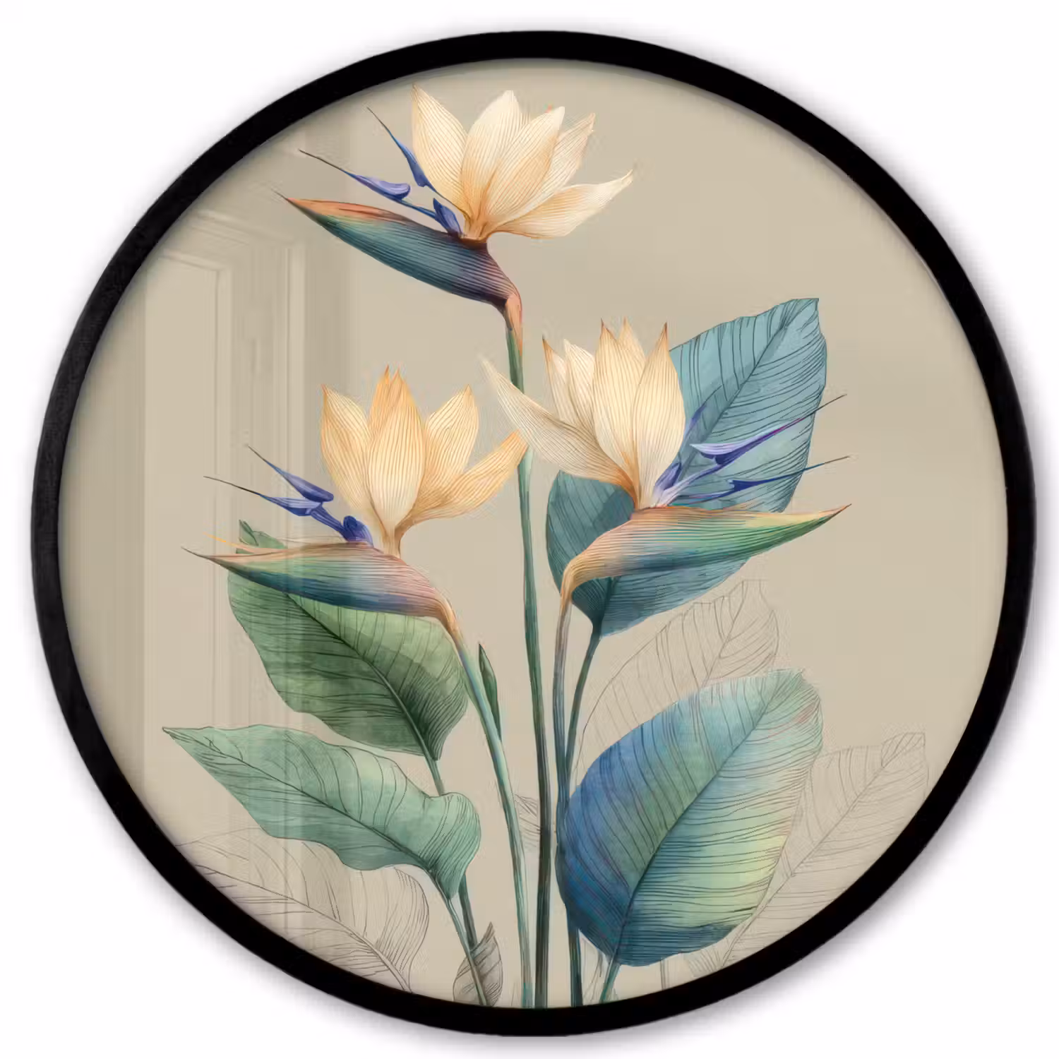 Paradijsvogelbloemen - Blauwgroene bladeren - Beige Fotolijst rond zonder passe partout klein -3d