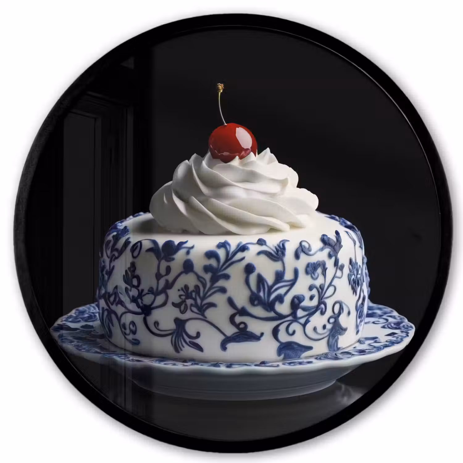 Taart - Slagroom - Kers - Bord - Delfts blauw Fotolijst rond zonder passe partout klein -3d