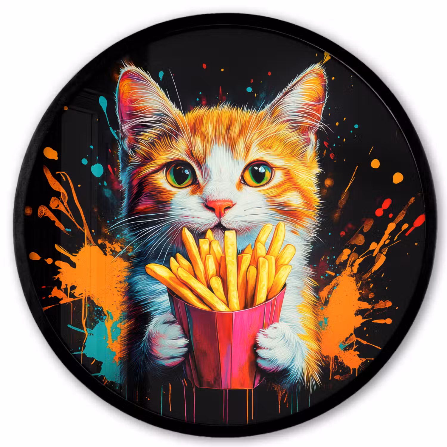 Kat - Eten - Patat - Graffiti - Abstract Fotolijst rond zonder passe partout klein -3d