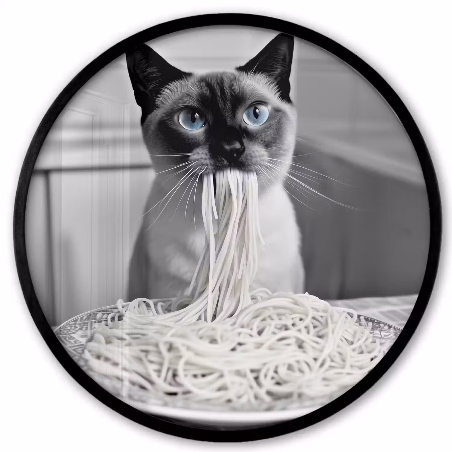 Kat - Siamees - Zwart Wit - Schattig - Dieren Fotolijst rond zonder passe partout klein -3d