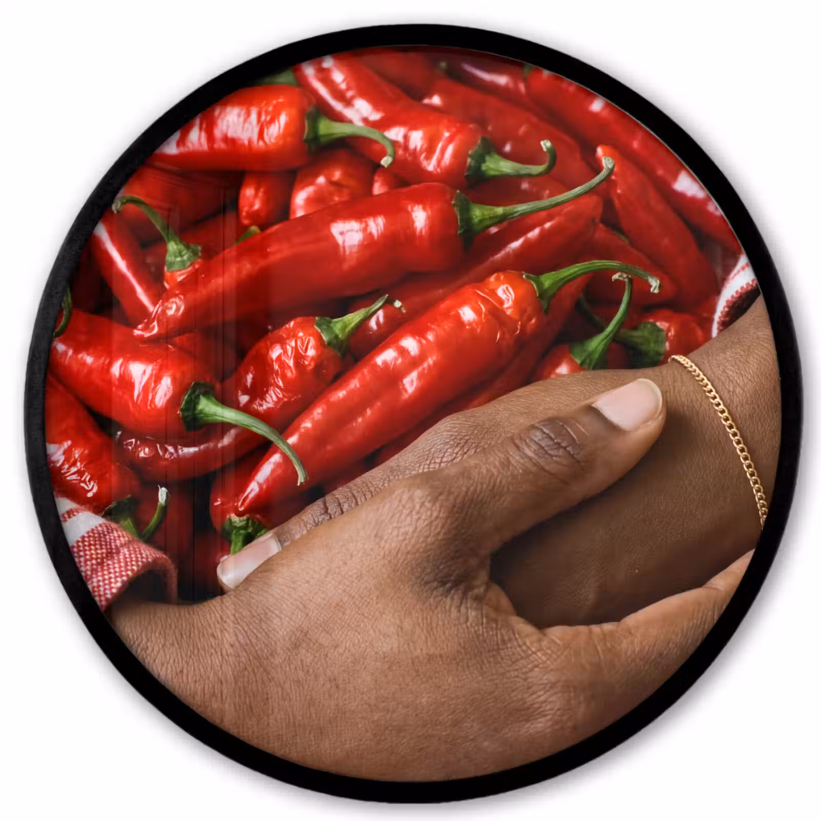 Photo Frame Round - Chili Peppers - Red - Hands - Chilipepers - Rood - Handen Fotolijst rond zonder passe partout klein