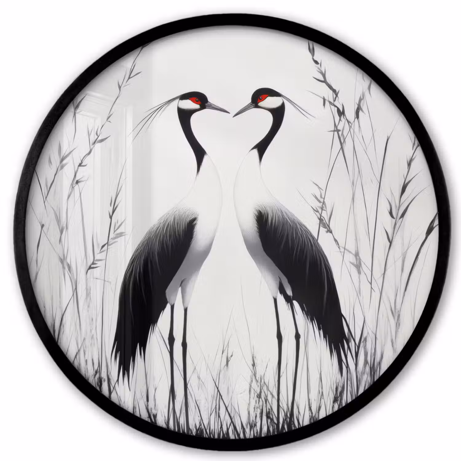 Kraanvogels - Gras - Hartvorm - Zwart Fotolijst rond zonder passe partout klein -3d