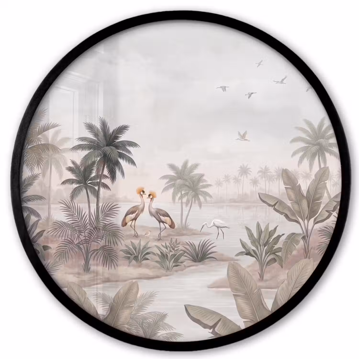 Kraanvogels - Palmbomen - Tropisch Fotolijst rond zonder passe partout klein -3d