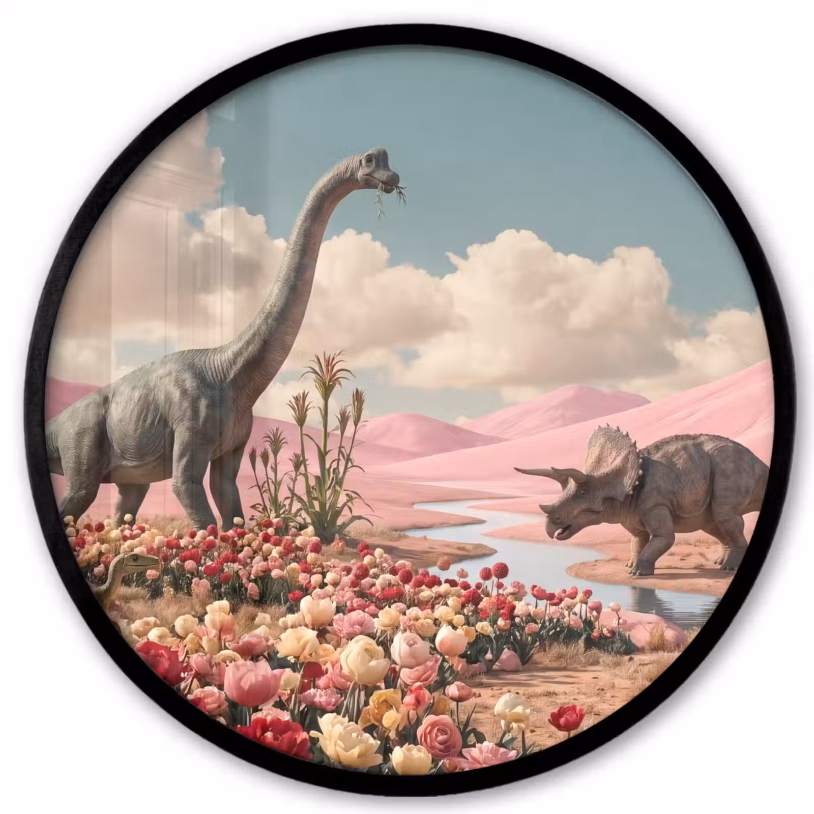 Photo Frame Round - Dinosaur - Pink - Landscape - Dinosaurus - Roze - Landschap Fotolijst rond zonder passe partout klein