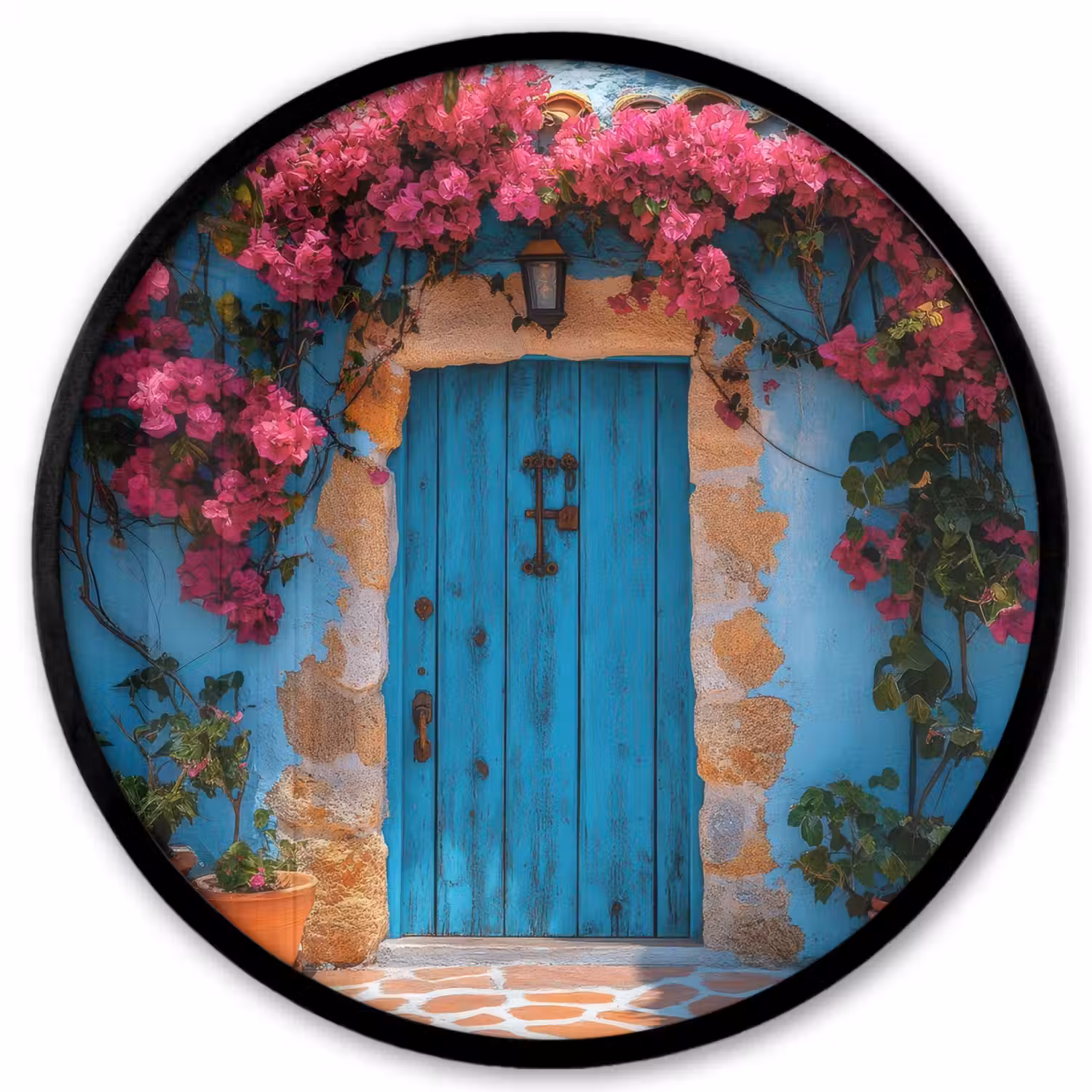 Deur - Hout - Bloemen - Blauw Fotolijst rond zonder passe partout klein -3d