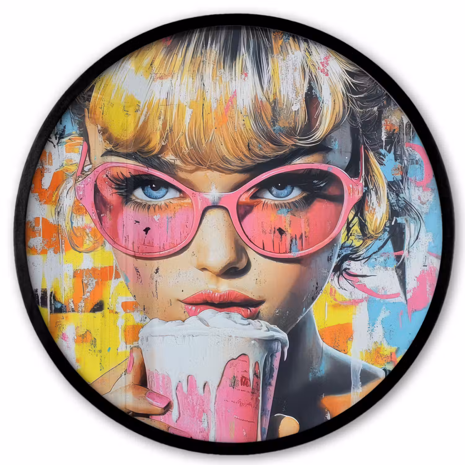 Expressief - Milkshake - Vrouw - Felle kleuren Fotolijst rond zonder passe partout klein -3d