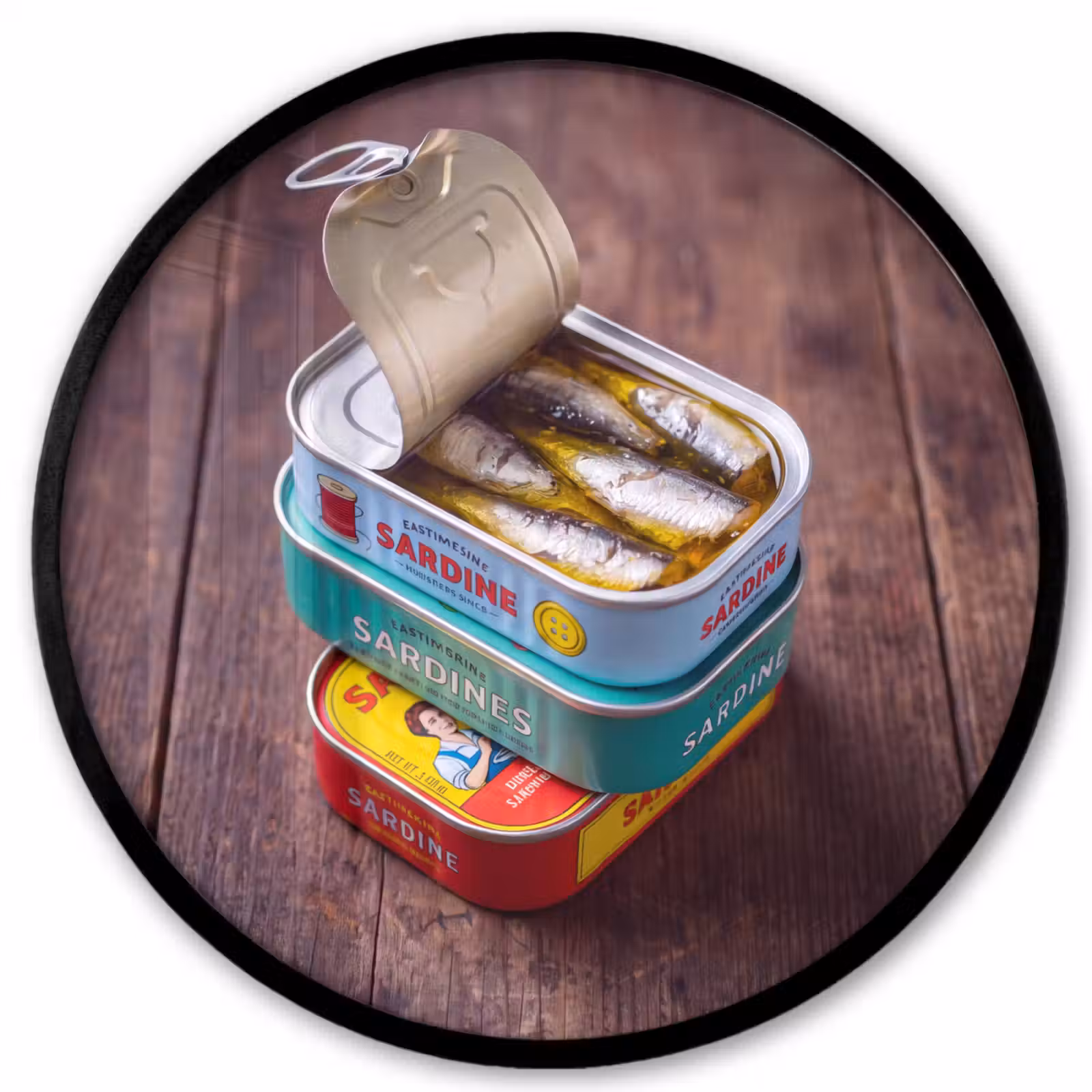 Photo Frame Round - Fish - Cans - Kitchen - Vis - Blikjes - Keuken Fotolijst rond zonder passe partout klein