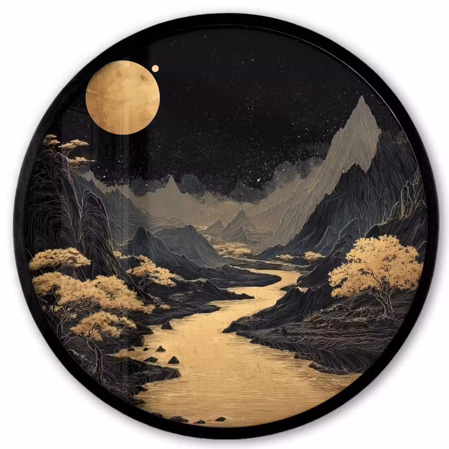 Gouden rivier - Bergen - Maan - Sterrenhemel Fotolijst rond zonder passe partout klein -3d