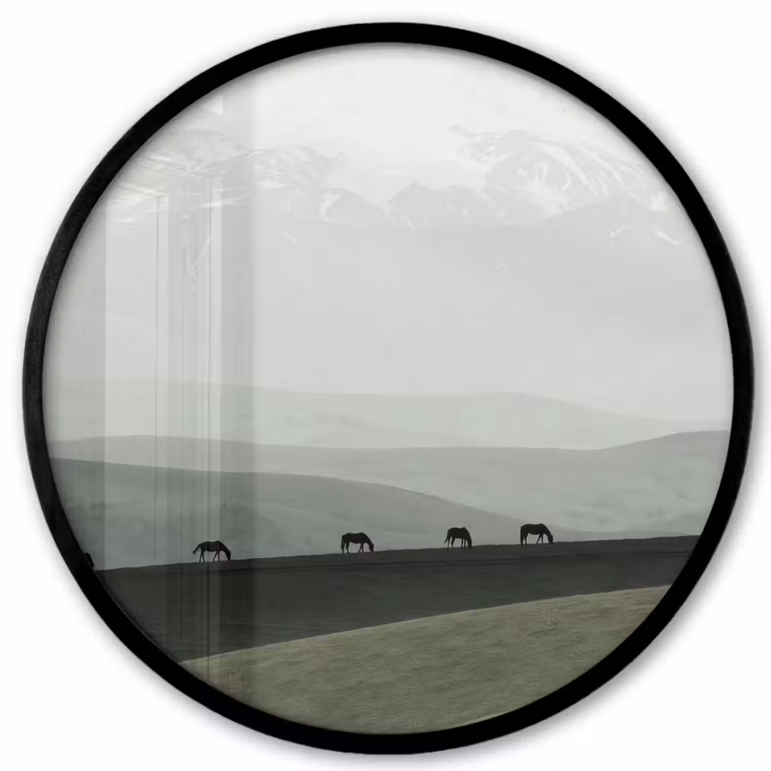Grijs - Berg - Paarden Fotolijst rond zonder passe partout klein -3d