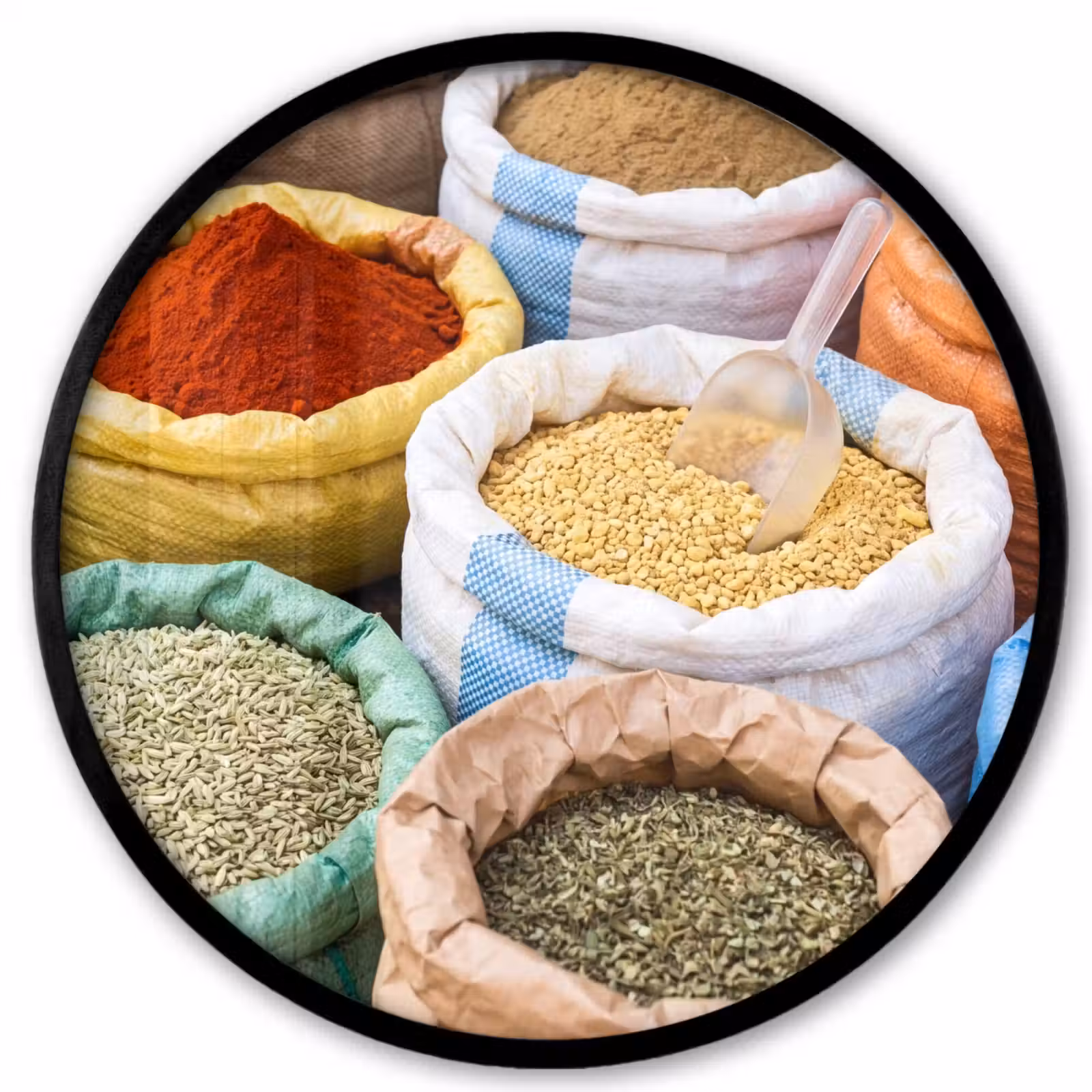 Photo Frame Round - Herbs - Bags - Market - Kruiden - Zakken - Markt Fotolijst rond zonder passe partout klein