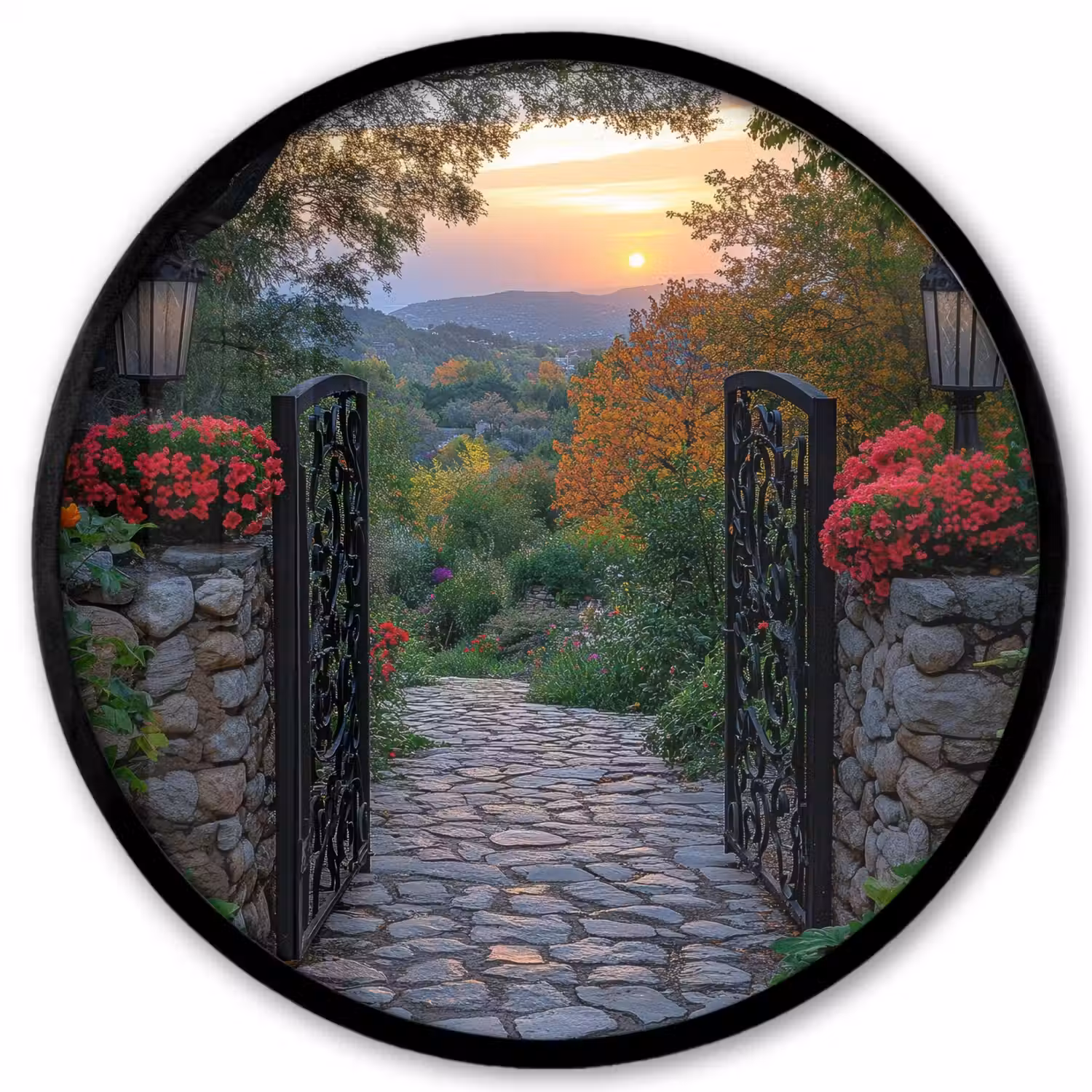 Landschap - Hek - Pad - Zonsondergang - Natuur Fotolijst rond zonder passe partout klein -3d