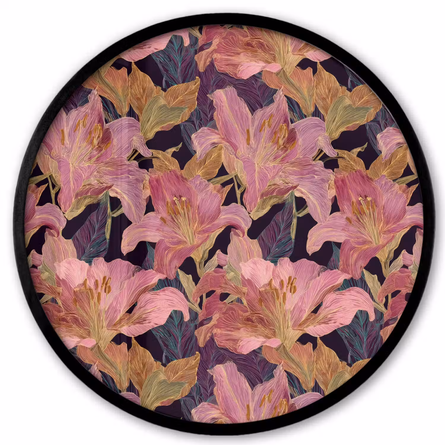 Lelies - Patroon - Roze - Goud Fotolijst rond zonder passe partout klein 856 -3d