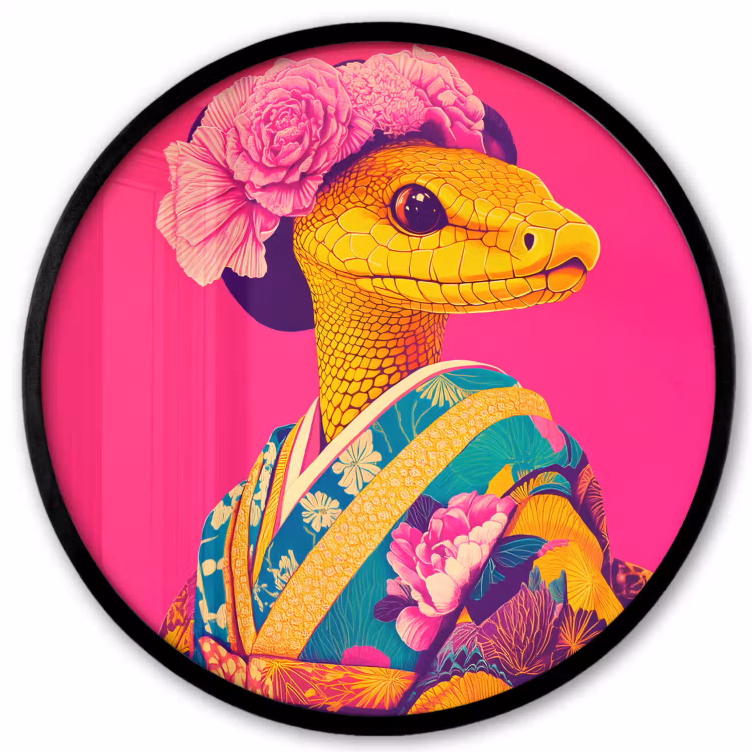 Hagedis - Bloemen - Roze - Kimono Fotolijst rond zonder passe partout klein -3d