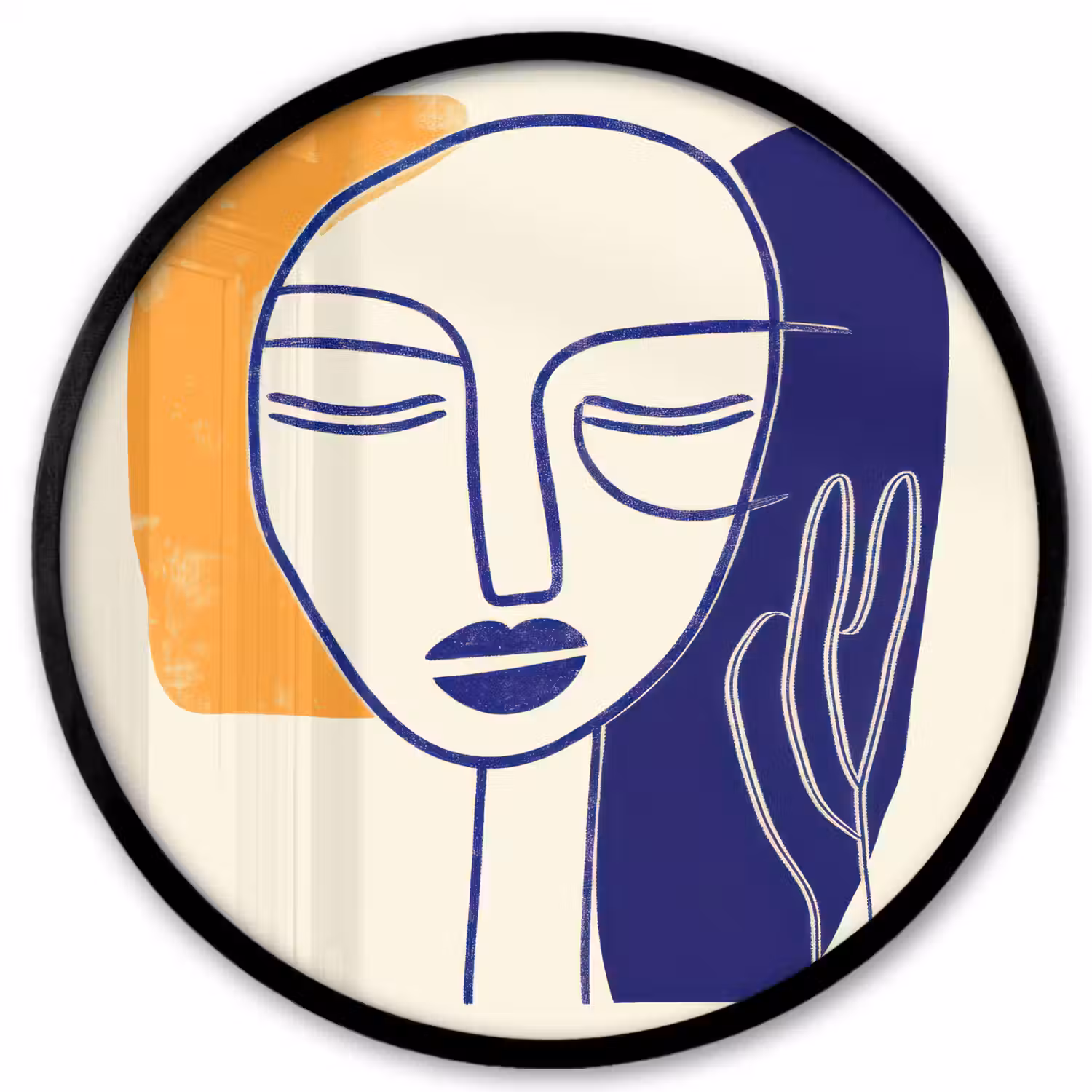 Minimalistisch - Gezicht - Hand - Oranje - Blauw Fotolijst rond zonder passe partout klein -3d