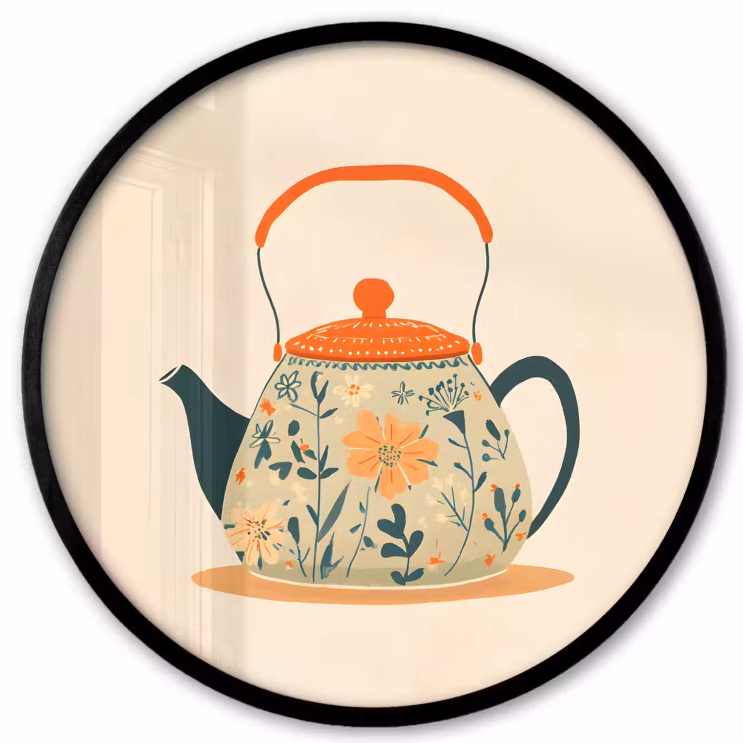 Oranje - Theepot - Bloemen - Bladeren Fotolijst rond zonder passe partout klein -3d