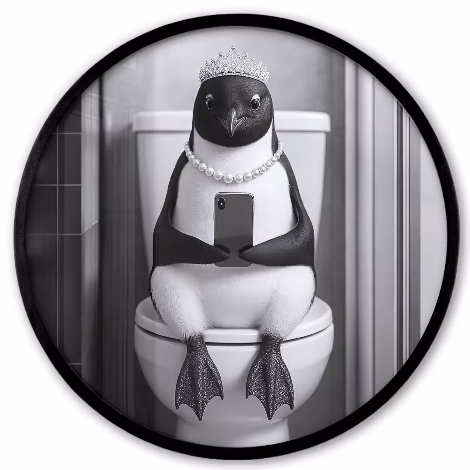Pinguïn - Telefoon - Toilet - Zwart - Wit Fotolijst rond zonder passe partout klein -3d