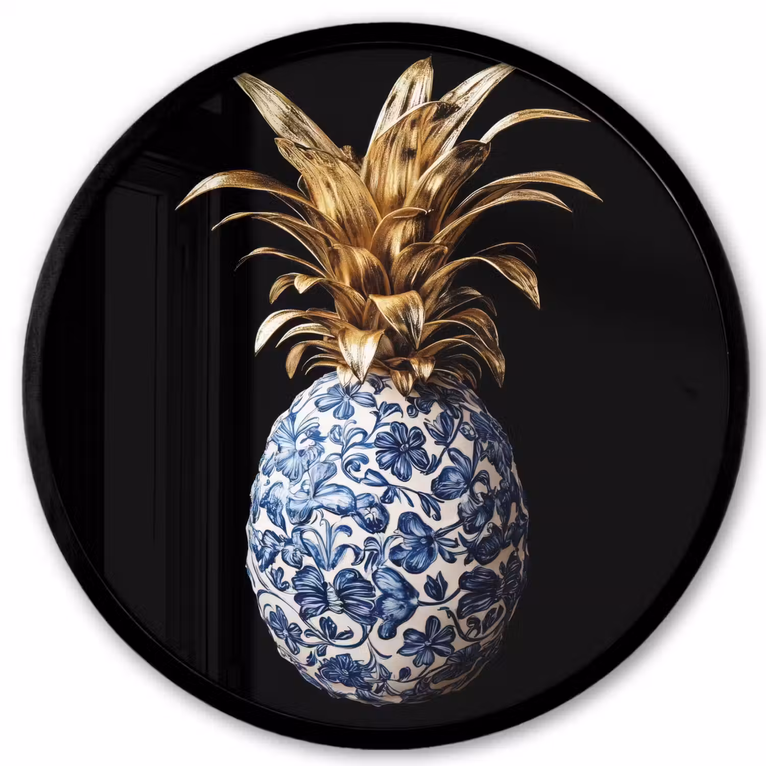 Ananas - Bloemen patroon - Goud - Delftsblauw Fotolijst rond zonder passe partout klein -3d