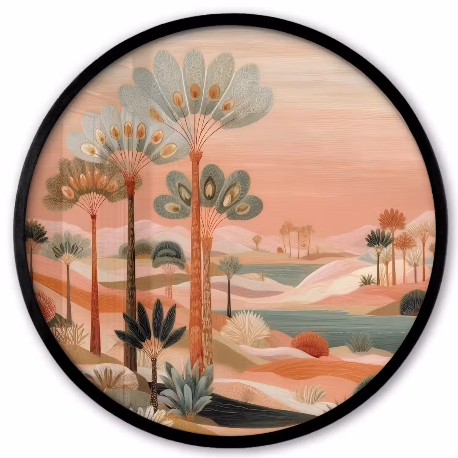 Roze landschap - Palmen - Water Fotolijst rond zonder passe partout klein -3d