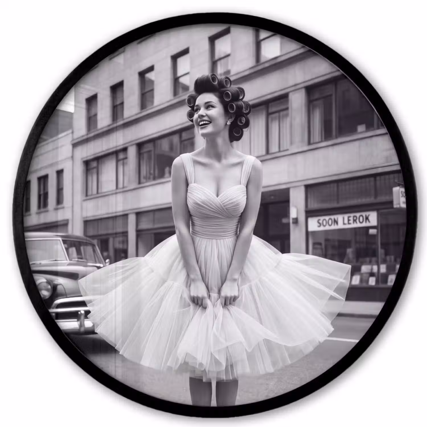 Retro - Vrouw - Zwart - Wit Fotolijst rond zonder passe partout klein -3d